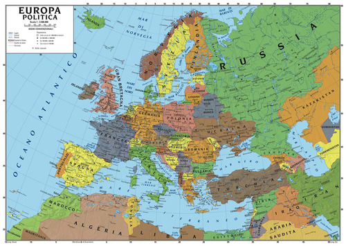 Europa 1:5.1500.000 (carta murale scolastica fisico/politica con asta)
