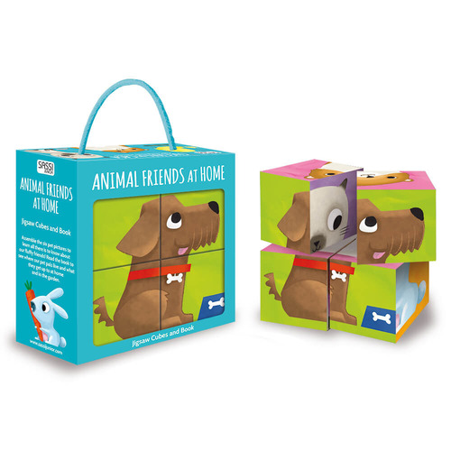 Animal friends at home. Jigsaw cubes and book