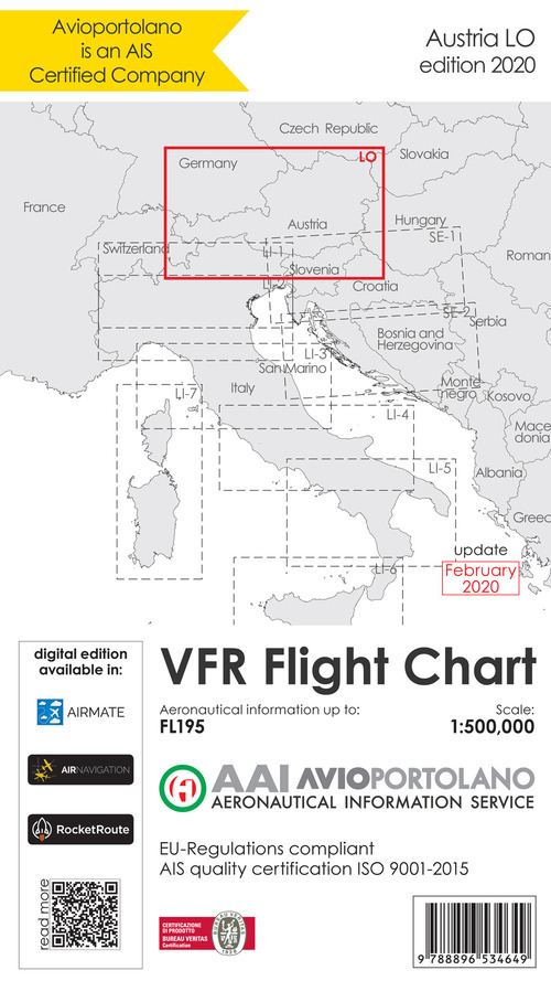 Avioportolano. VFR flight chart LO Austria. ICAO annex 4 - EU-Regulations compliant. Ediz. italiana e inglese