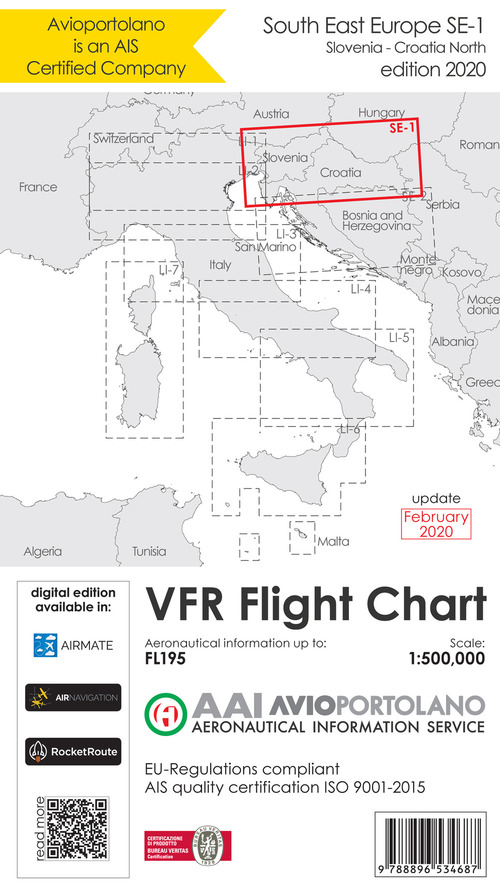 Avioportolano. VFR flight chart SE 1. South East Europe. Slovenia, Croatia north. ICAO annex 4 - EU-Regulations compliant. Ediz. italiana e inglese