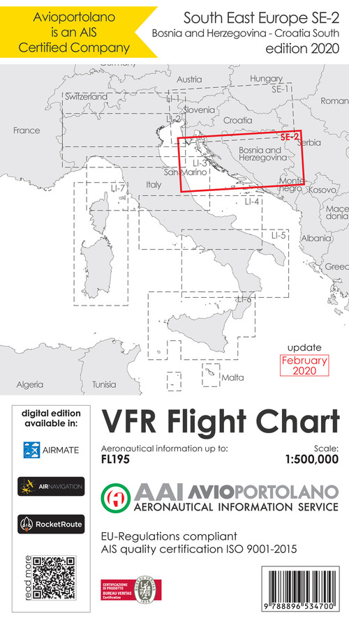 Avioportolano. VFR flight chart SE 2. South East Europe. Croatia south, Bosnia and Herzegovina. ICAO annex 4 - EU-Regulations compliant. Ediz. italiana e inglese