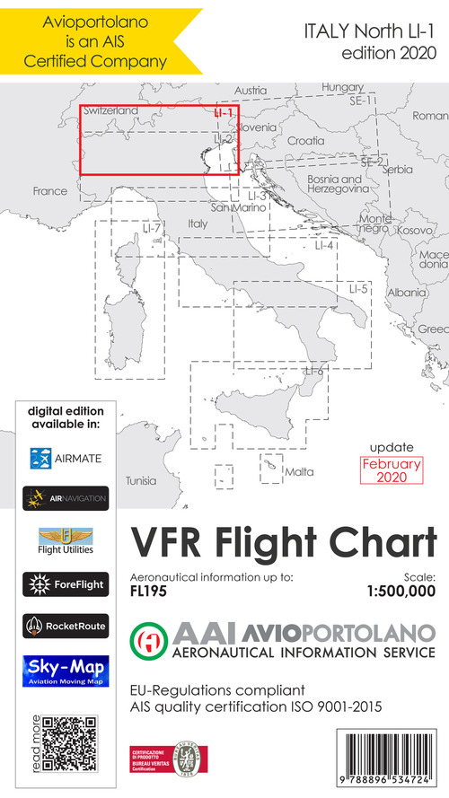 Avioportolano. VFR flight chart LI 1 Italy north. ICAO annex 4 - EU-Regulations compliant. Ediz. italiana e inglese