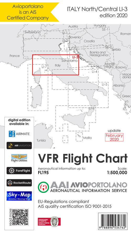 Avioportolano. VFR flight chart LI 3 Italy north-central. ICAO annex 4-EU-Regulations compliant