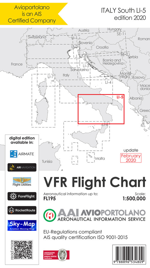 Avioportolano. VFR flight chart LI 5 Italy south. ICAO annex 4 - EU-Regulations compliant. Ediz. italiana e inglese